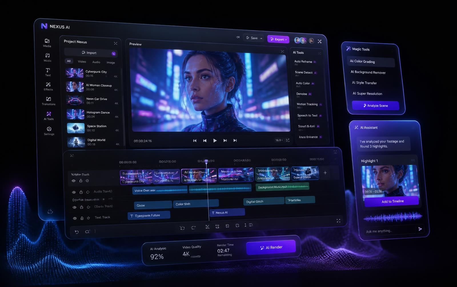RoboEdit AI video editor with multi-track timeline, AI tools panel and render queue